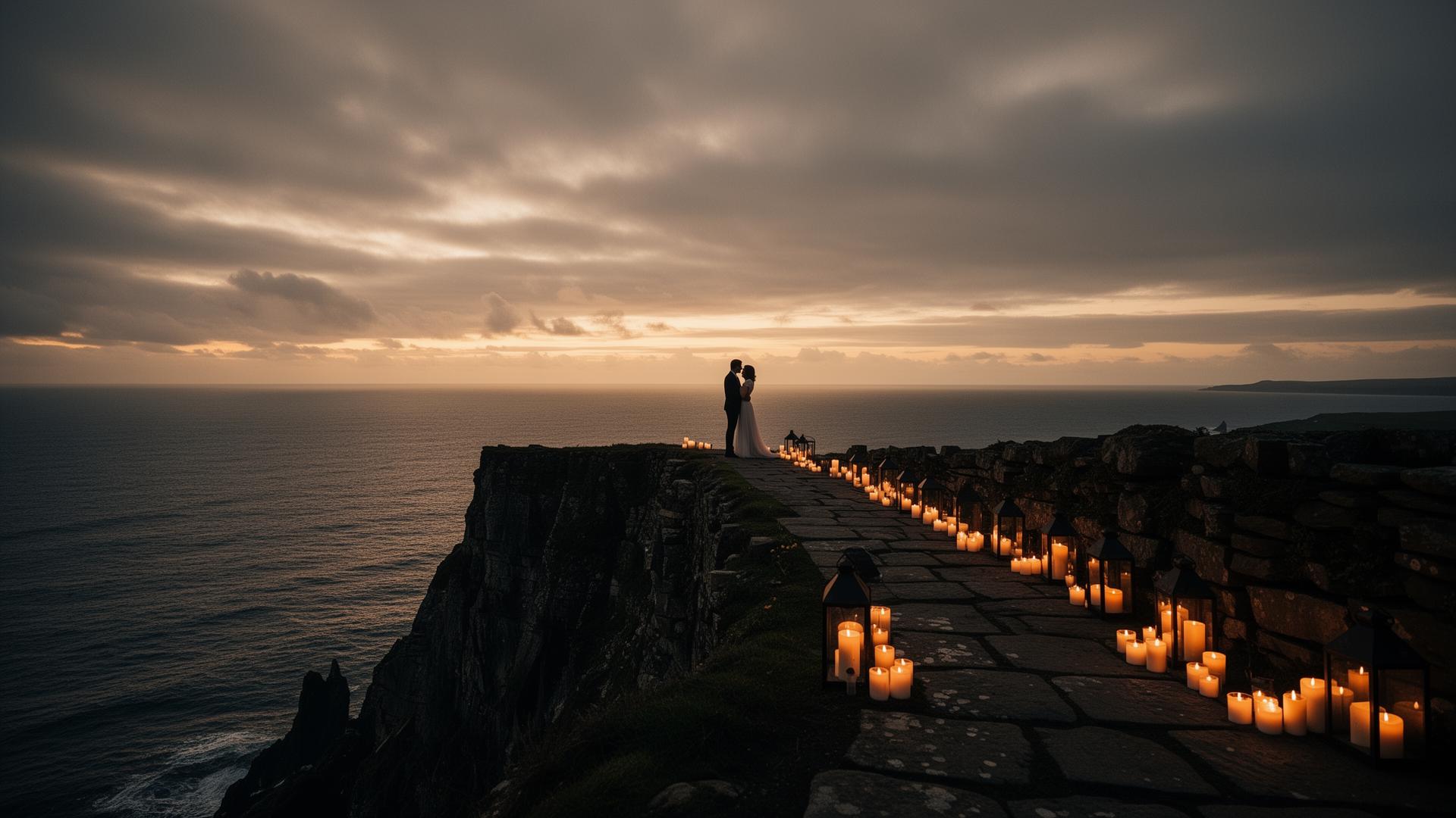 Couple at a candlelit Irish cliffside at sunset
